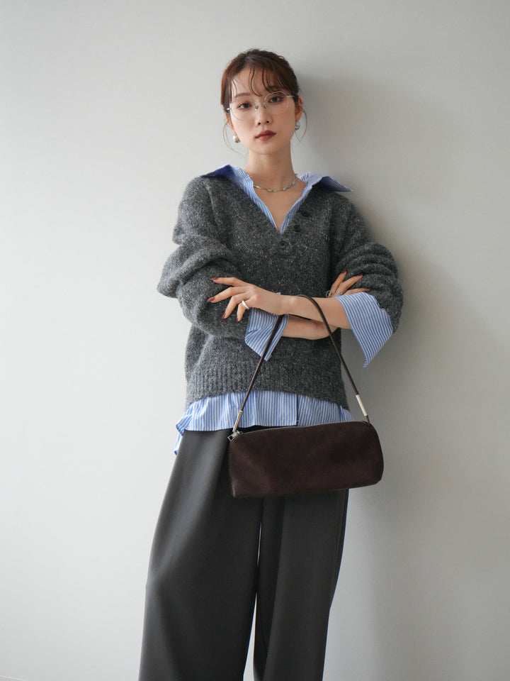 [予約]ストライプシャツドッキングMIXヤーンニットプルオーバー/charcoal