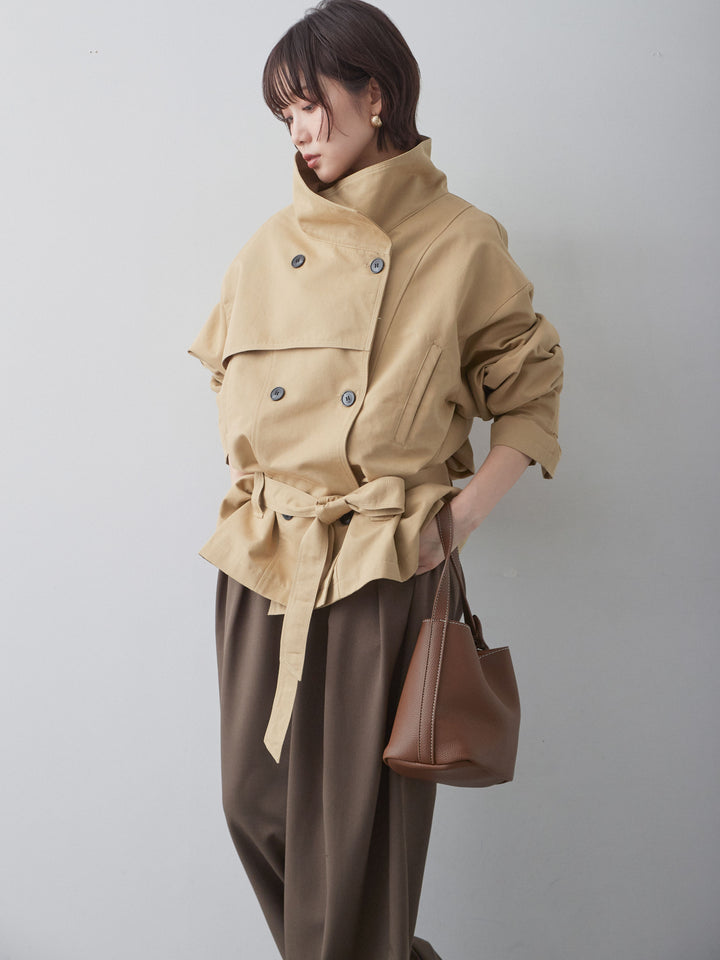 [予約]アシンメトリースタンドカラーショートトレンチ/beige