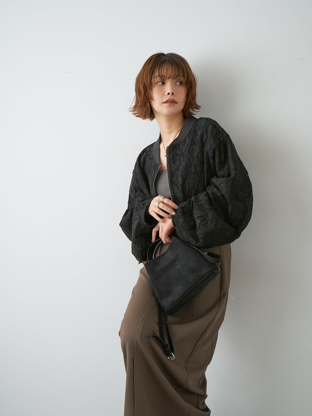 [SET]レースブルゾン+クレープデシンフラップ付きストレートスカート(2set)
