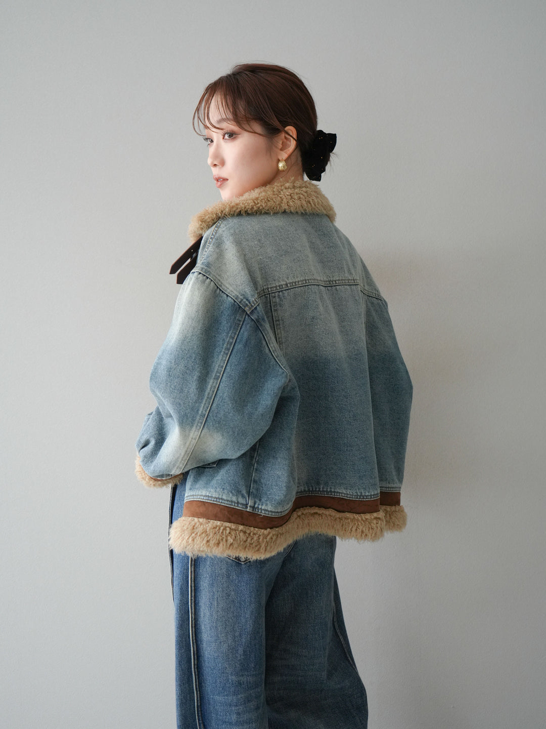 [予約]スタンドカラーファー×デニムジャケット/lightblue