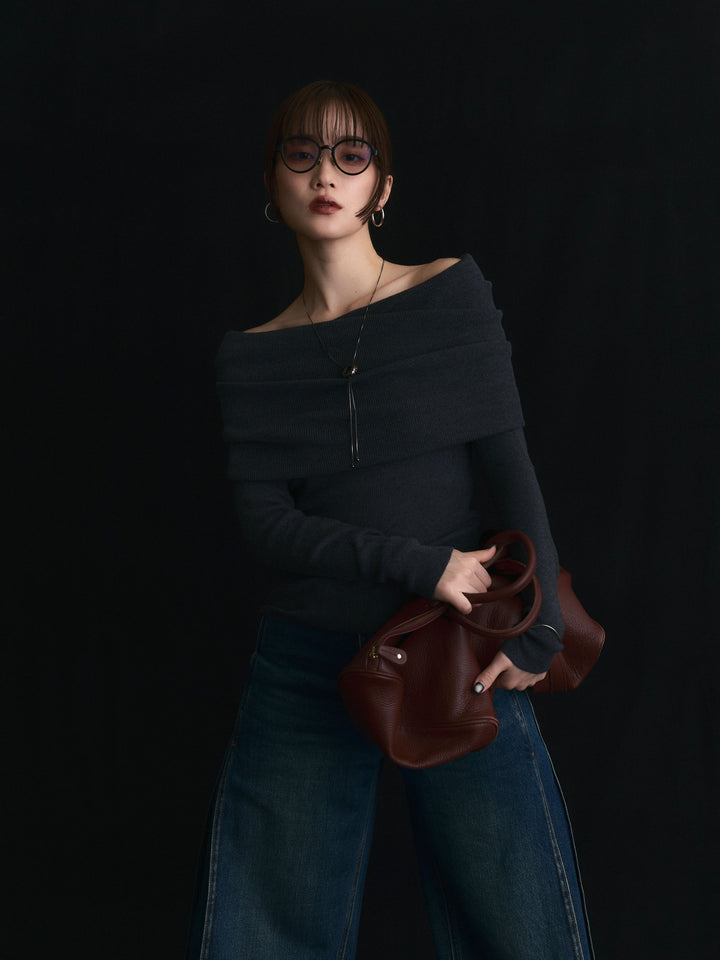 【Allure】[SET]オフショルニットトップス+サイドタックヴィンテージワイドデニム(2set)