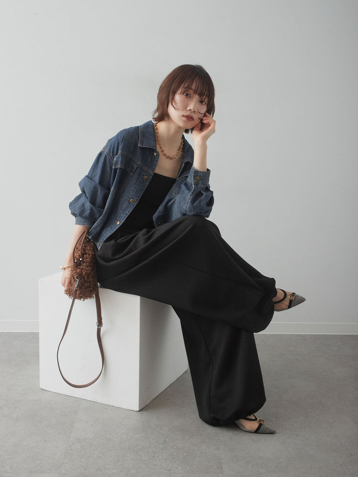 [SET]クロップドドロストデニムシャツ+カップ付きバッククロスキャミソール(2set)