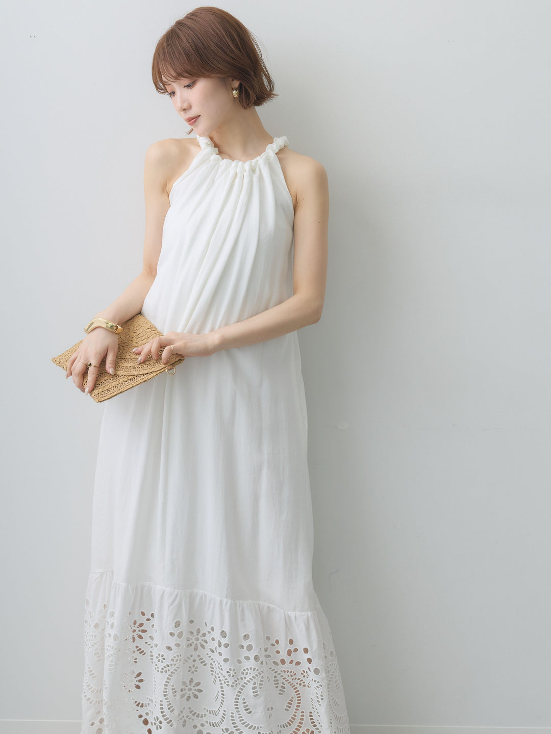 [予約]スカラップヘムカットワークレースキャミワンピース/white
