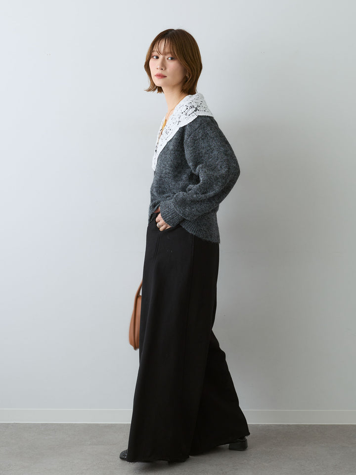 [SET]モヘアレースショールカラーカーディガン+カットオフスウェットワイドパンツ(2set)