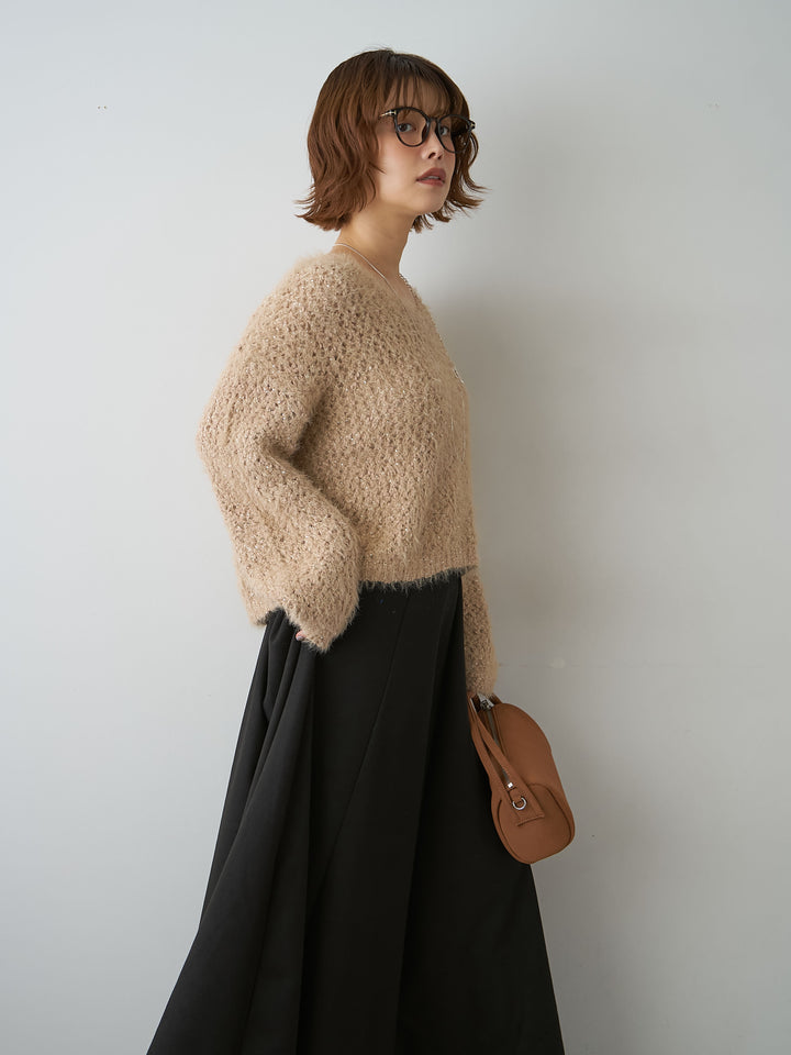 [予約]スパンラメシャギーVネックニットトップス/beige
