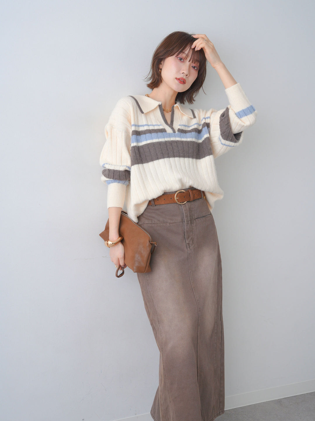 [予約]マルチボーダー起毛スキッパーニットトップス/ivory