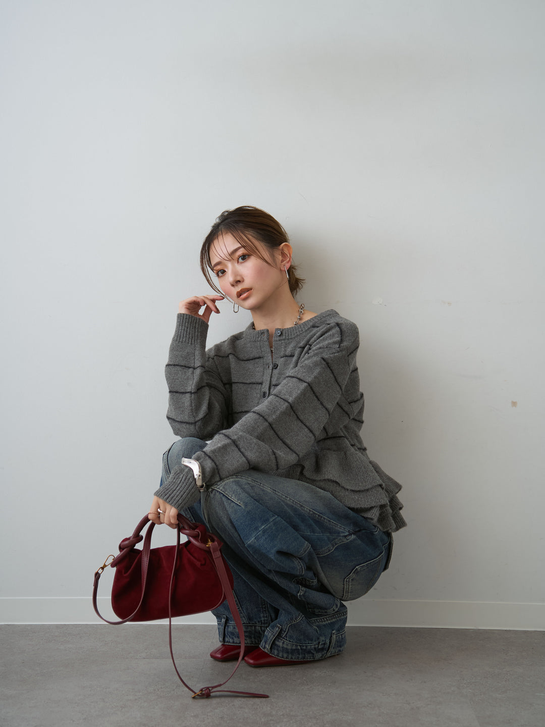[SET]フェザーボーダーフリルカーディガン+フェザーボーダーフリルカーディガン(2set)
