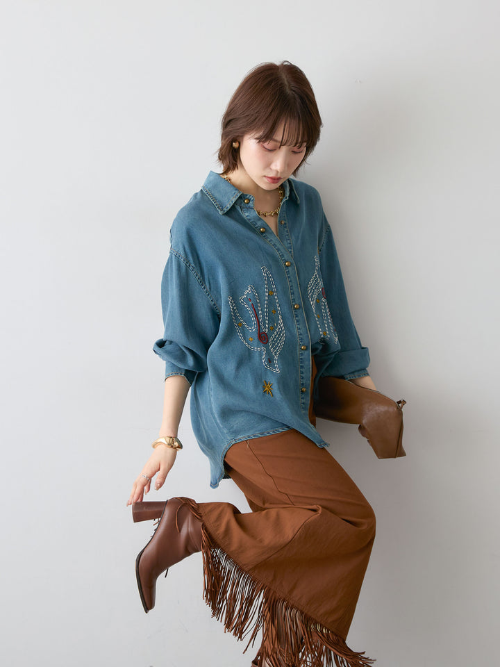 [SET]モチーフ刺繍デニムシャツ+レザータッチフリンジスカート(2set)