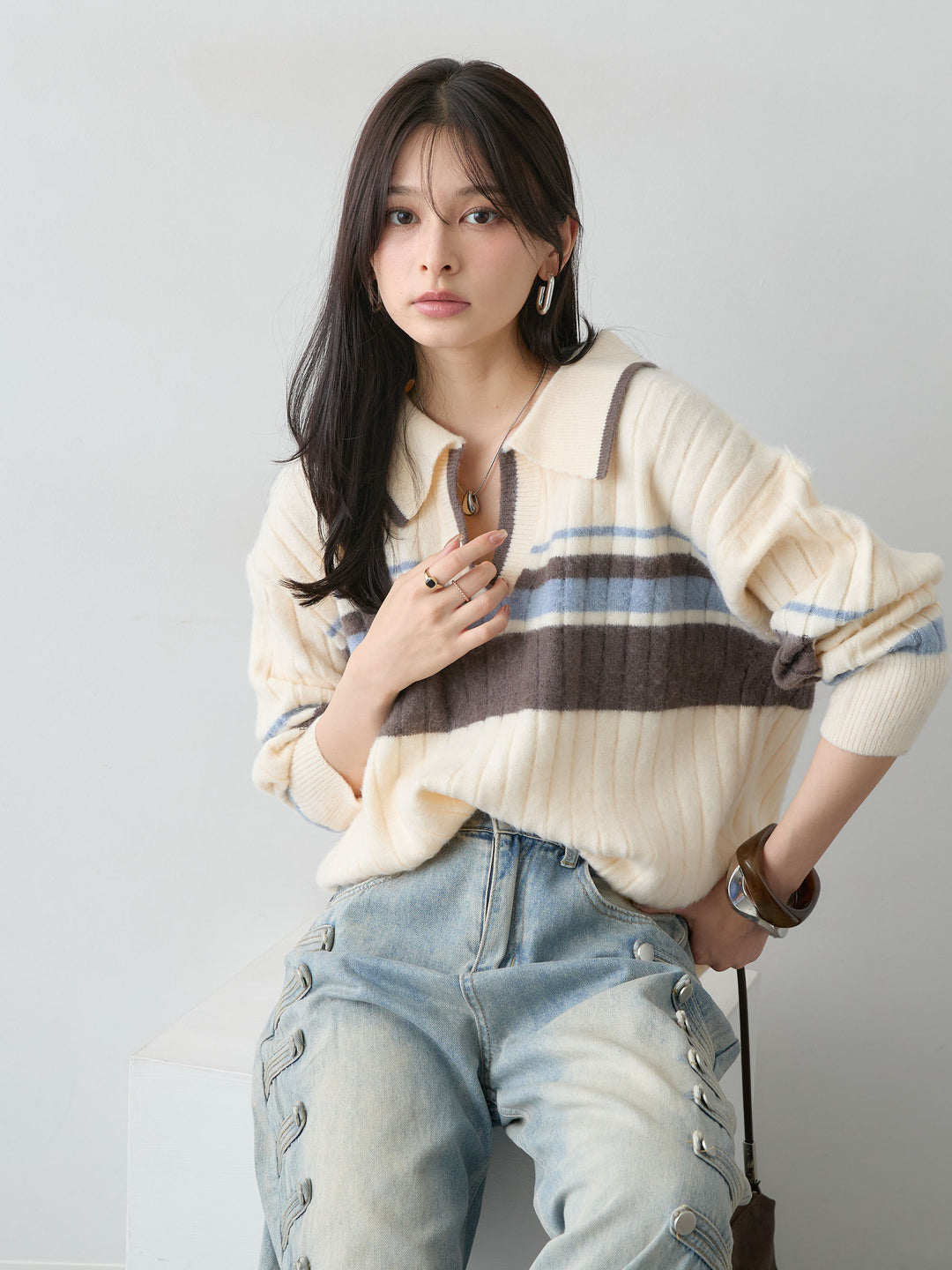 [予約]マルチボーダー起毛スキッパーニットトップス/ivory