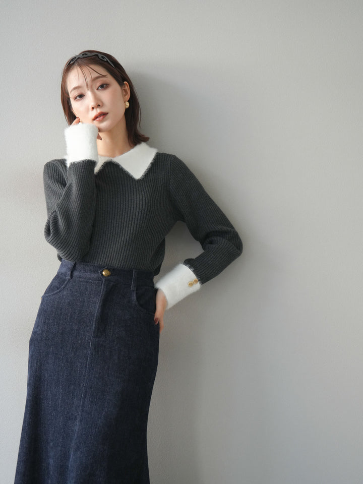 [SET]シャギー襟リブニットトップス+ベルベットマーメイドスカート(2set)