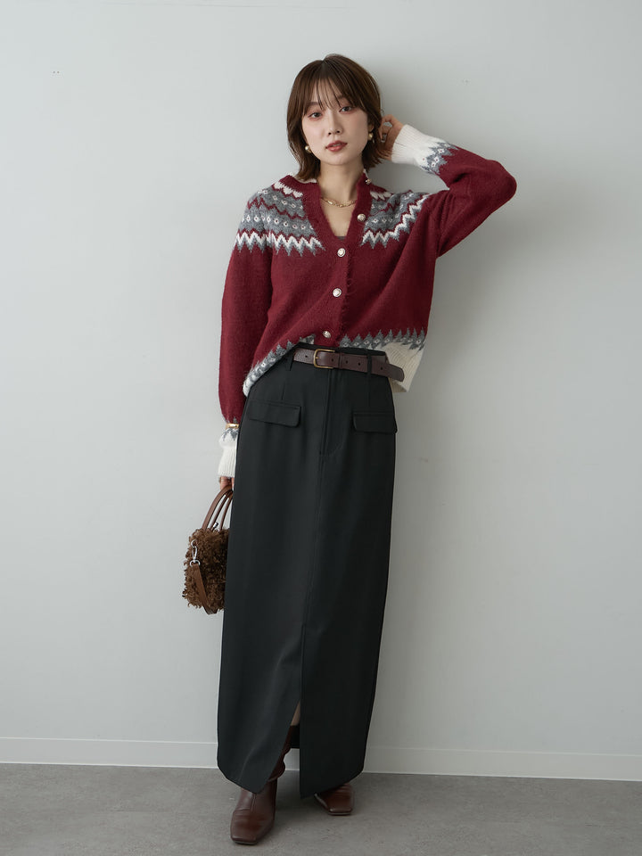 [SET]メタルボタンノルディックカーディガン+クレープデシンフラップ付きストレートスカート(2set)