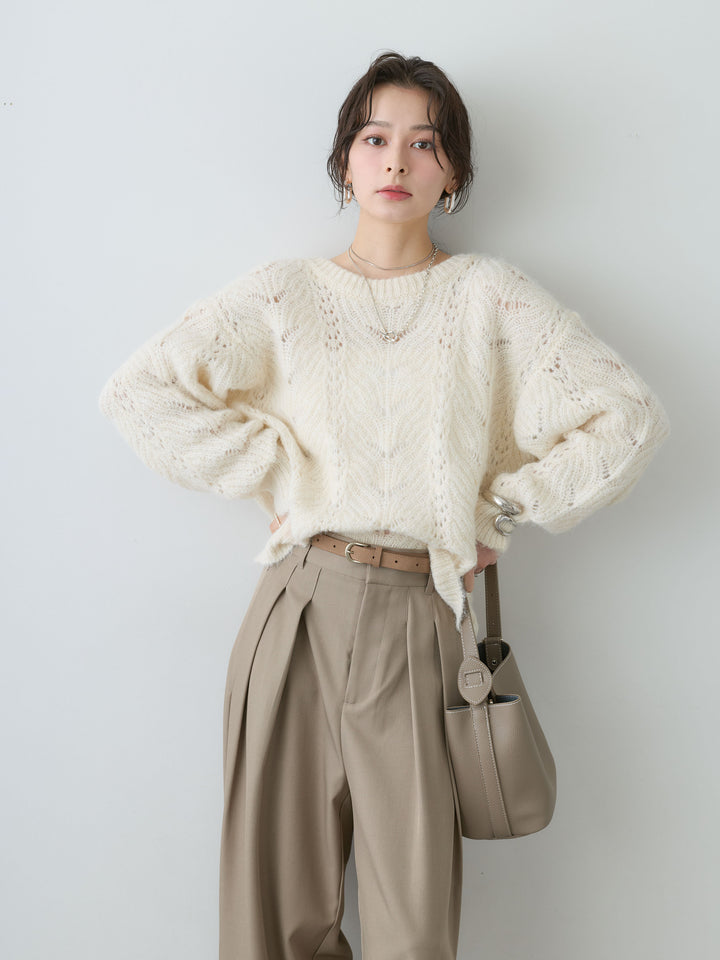 [SET]前後2WAY透かし編みケーブルニットトップス+ツイルタックワイドパンツ(2set)