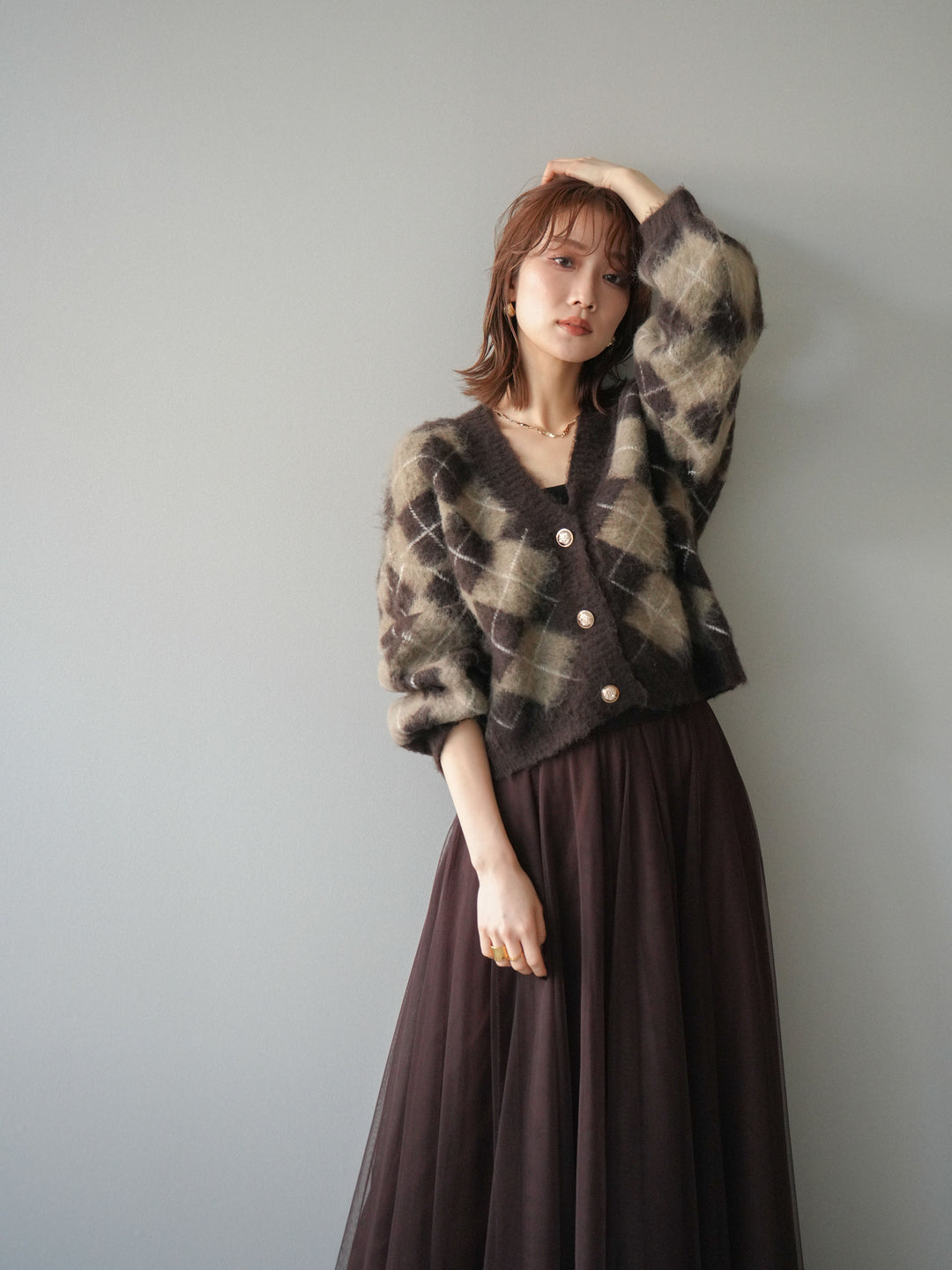 [予約]アーガイルシャギーニットカーディガン/brown