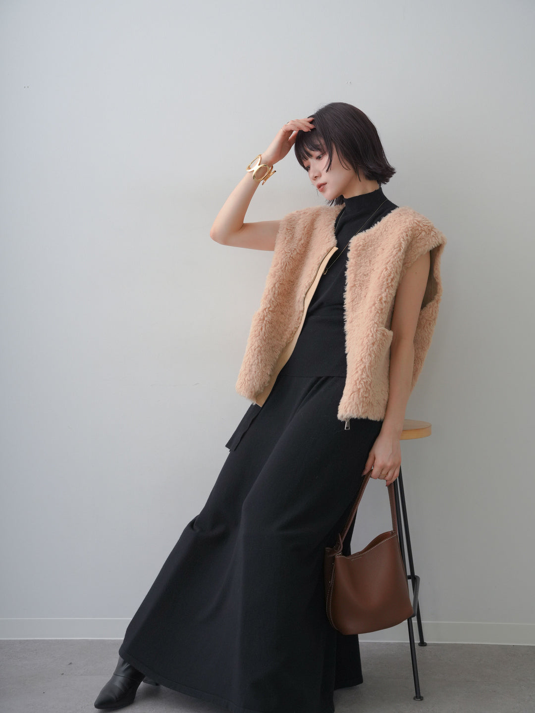 [SET]アシメドレープタイニットトップス＆フレアスカートSET UP(2SET)+選べるアクセセット(2set)