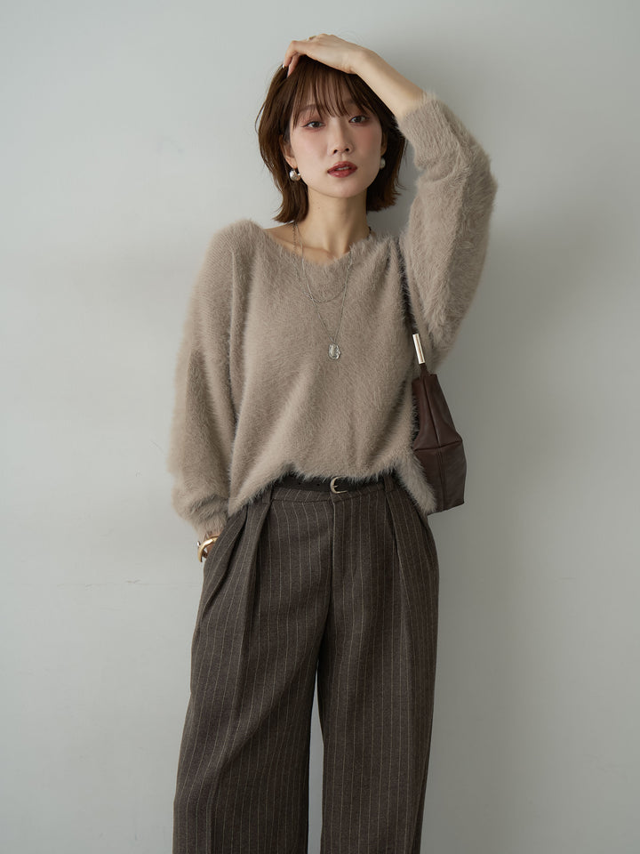 [SET]バックリボンVネックシャギーニットトップス+ピンストライプタックワイドパンツ(2set)