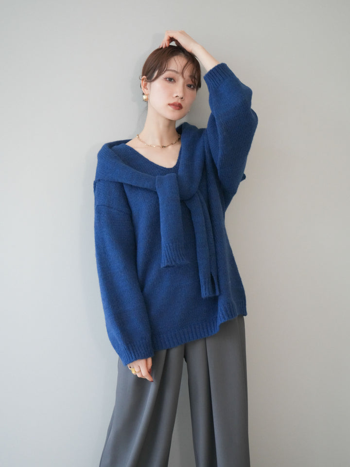 [予約]ストール付きVネックニットプルオーバー/blue