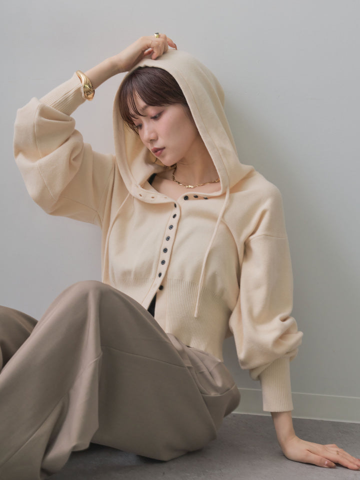 [SET]ボリュームスリーブフードニットカーディガン+ツイルタックワイドパンツ(2set)