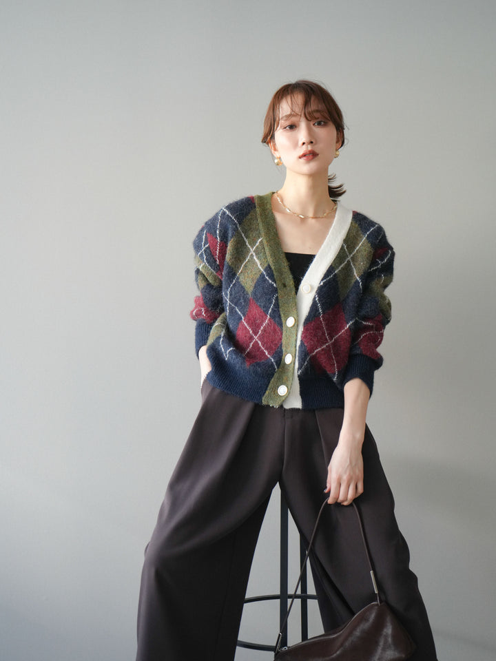 [予約]配色アーガイル柄ニットカーディガン/green
