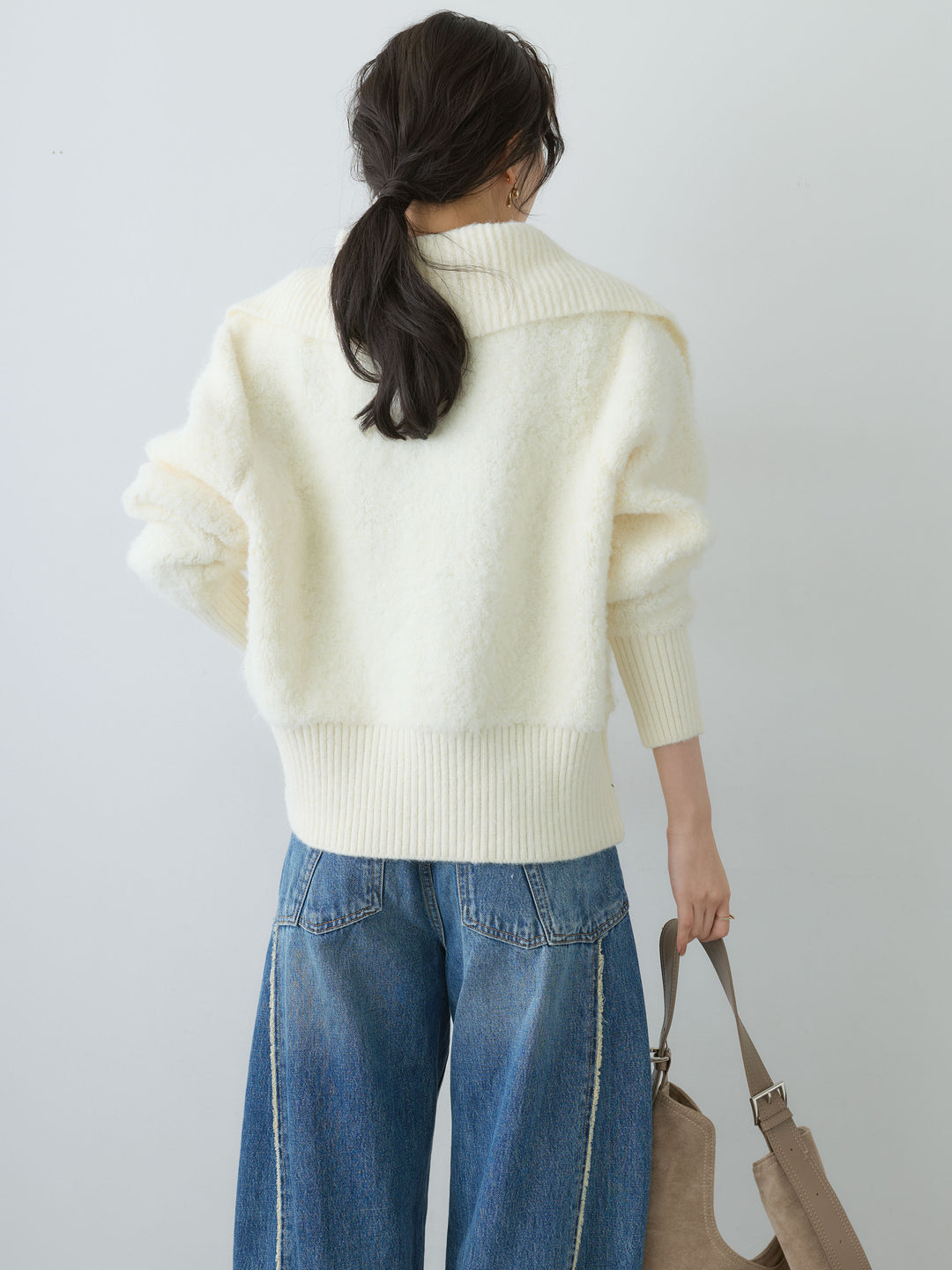 [SET]ビッグカラーシャギーニットブルゾン+バックデザインカーブデニム(2set)