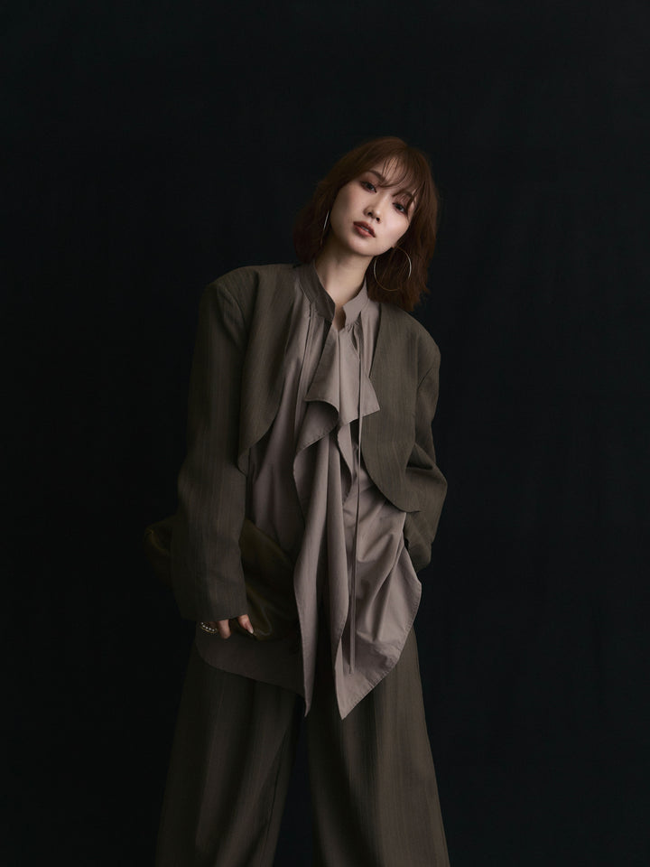 【Allure】[SET]ヘリンボーンショートジャケット＆ワイドパンツSET UP+ピーチスキンデザインネックオーバーシャツ(2set)