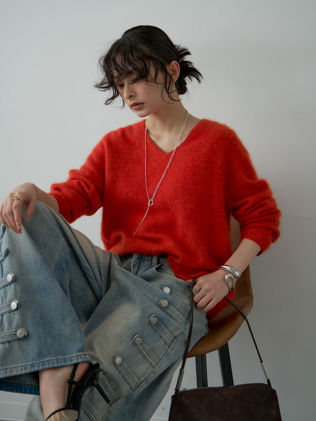 [予約]カシミア混フェザータッチVネックニットトップス/orange
