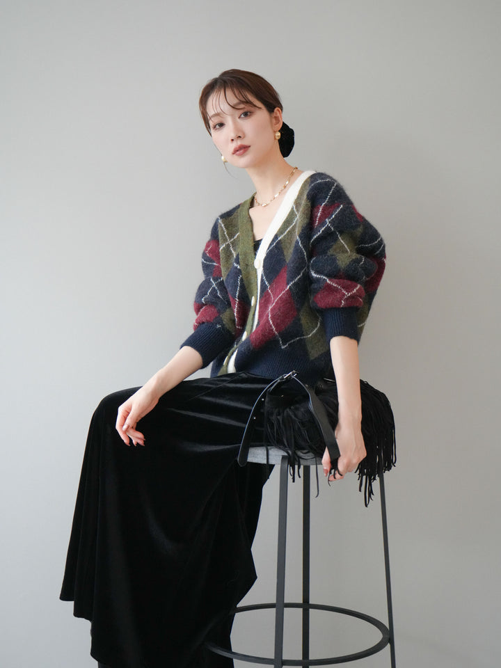 [予約]配色アーガイル柄ニットカーディガン/green