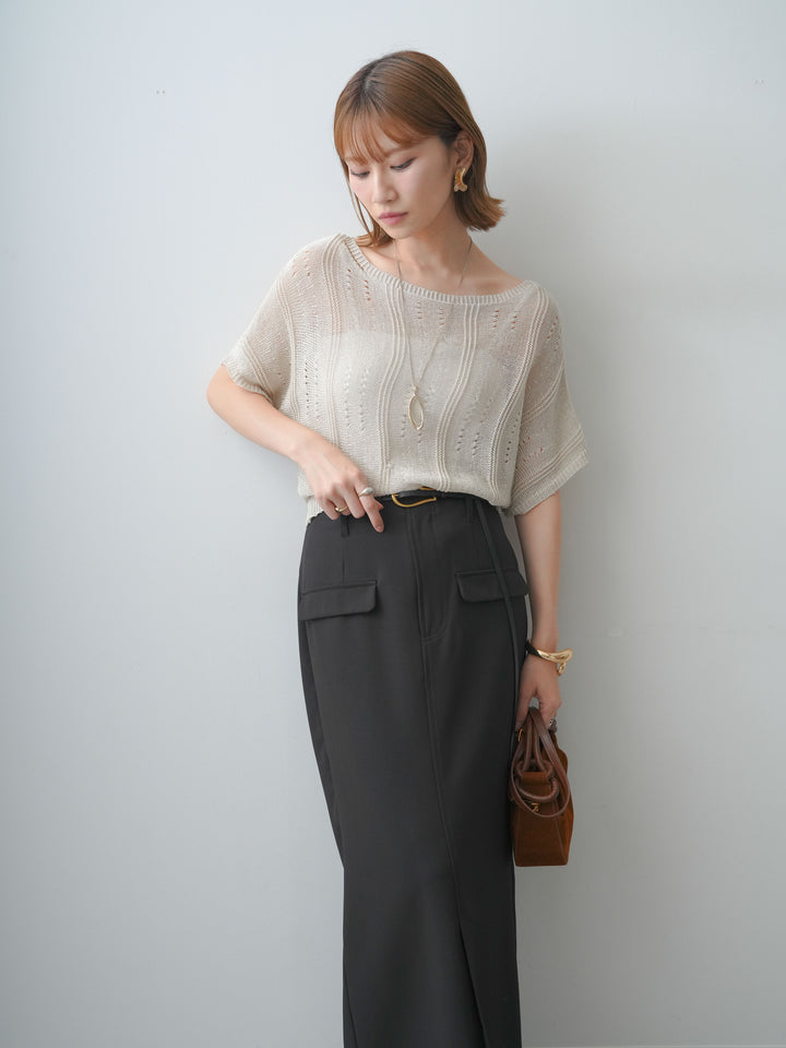 [SET]アイレットサマーニットトップス+クレープデシンフラップ付きストレートスカート(2set)