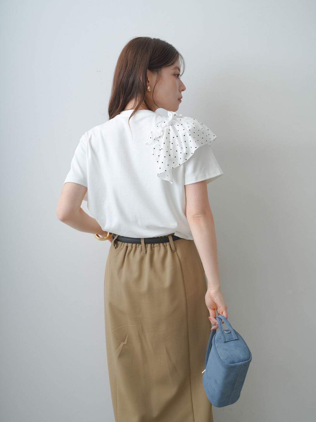 [SET]ドットギャザーフリルデザインTEE+クレープデシンフラップ付きストレートスカート(2set)