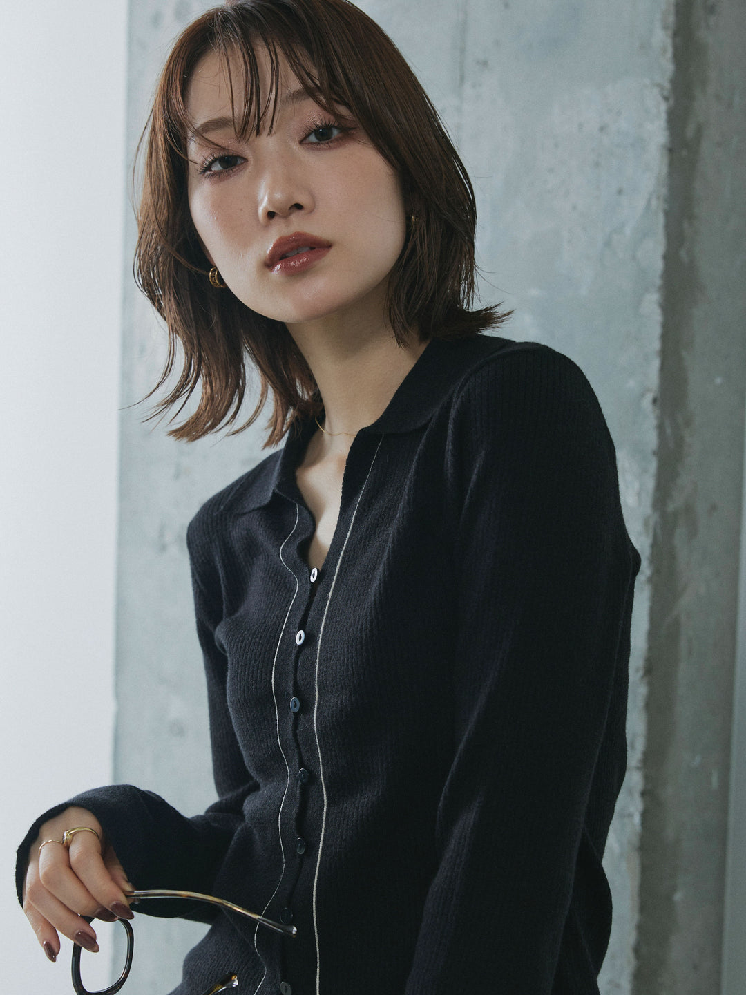 【Allure】[SET]リブ配色ラインポロニットカーディガン+リブ配色ラインポロニットカーディガン(2set)