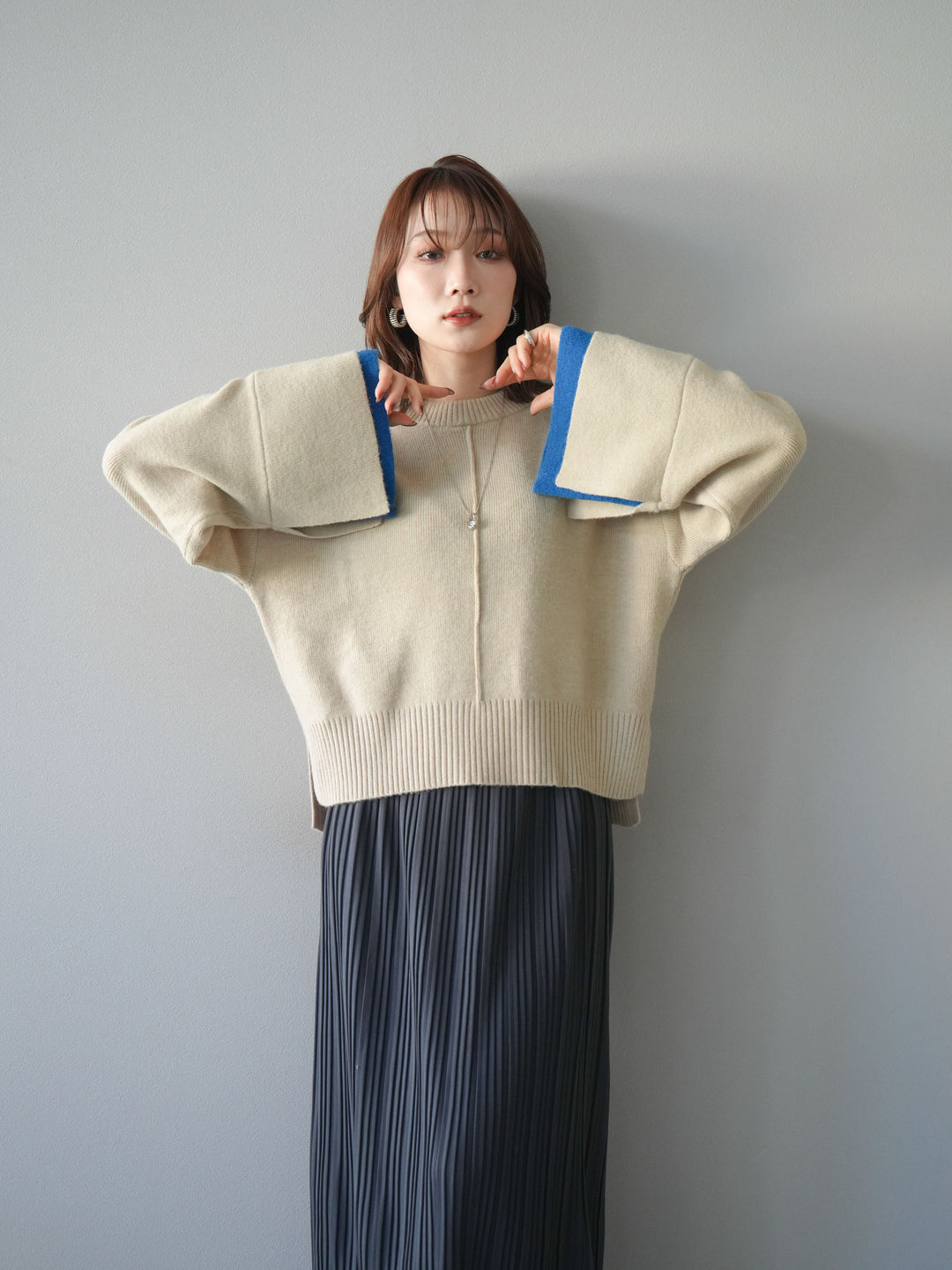 [予約]袖レイヤード配色ニットプルオーバー/ivory