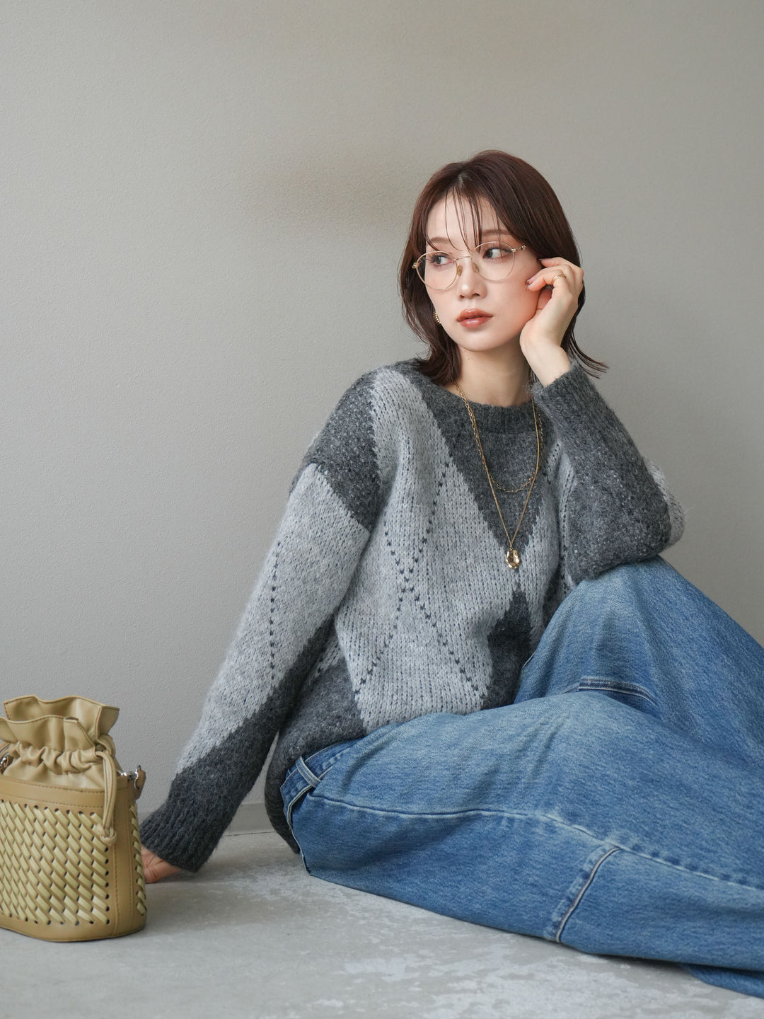 [予約]アーガイルオーバーニットプルオーバー/gray