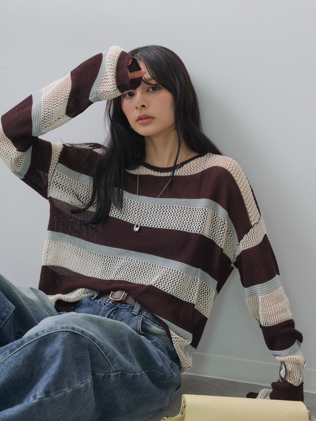 [予約]マルチボーダーメッシュニットトップス/brown