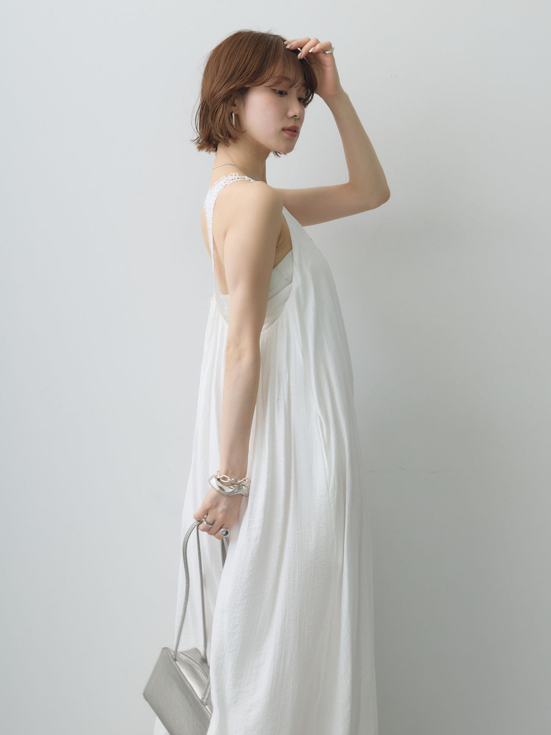 [予約]バックレースレイヤードノースリワンピース/white