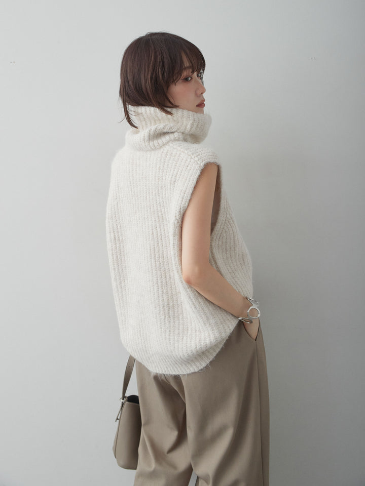 [SET]ハイネックシャギーオーバーニットベスト+ツイルタックワイドパンツ(2set)