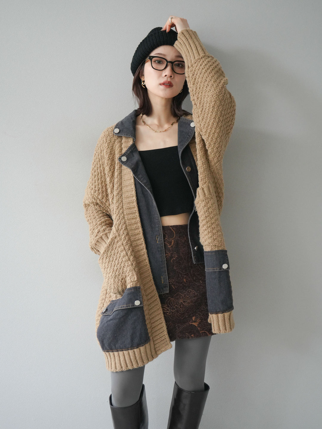 [予約]デニム襟レイヤードニットジャケット/beige