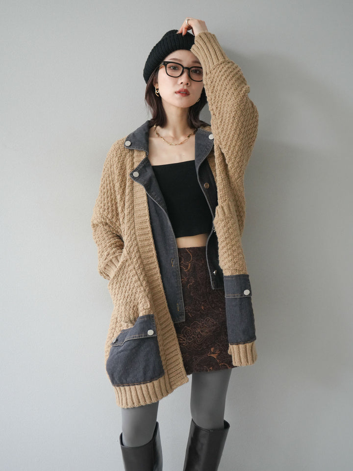 [予約]デニム襟レイヤードニットジャケット/beige