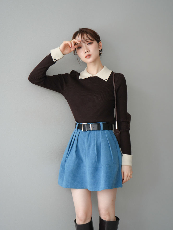 [予約]ニットカフス襟付き配色リブニットトップス/brown