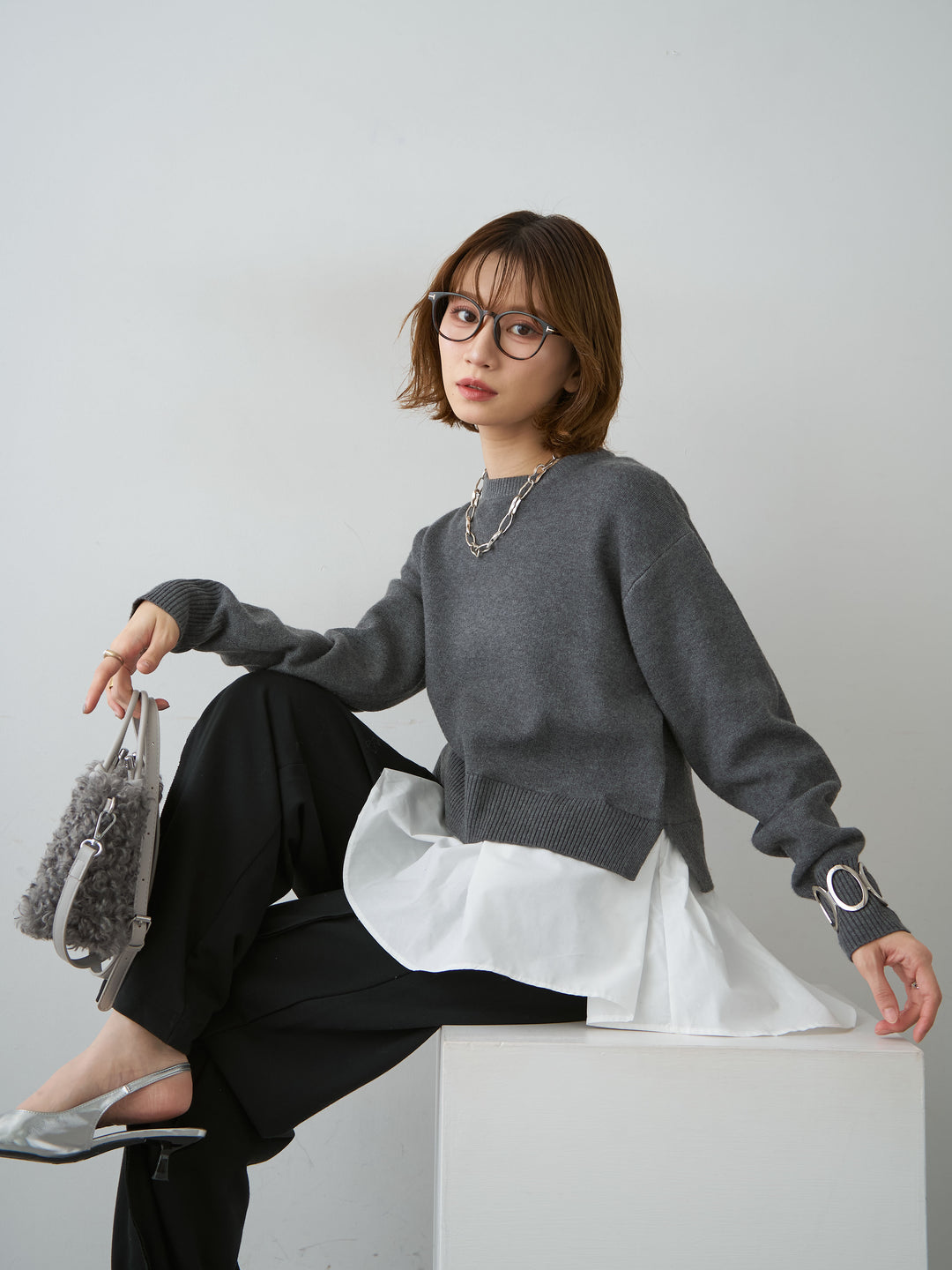 [SET]アシンメトリーシャツレイヤードニットプルオーバー+2WAYデザインスウェットパンツ(2set)