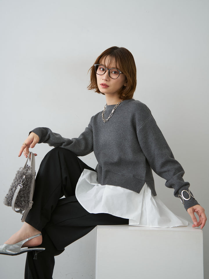 [SET]アシンメトリーシャツレイヤードニットプルオーバー+2WAYデザインスウェットパンツ(2set)