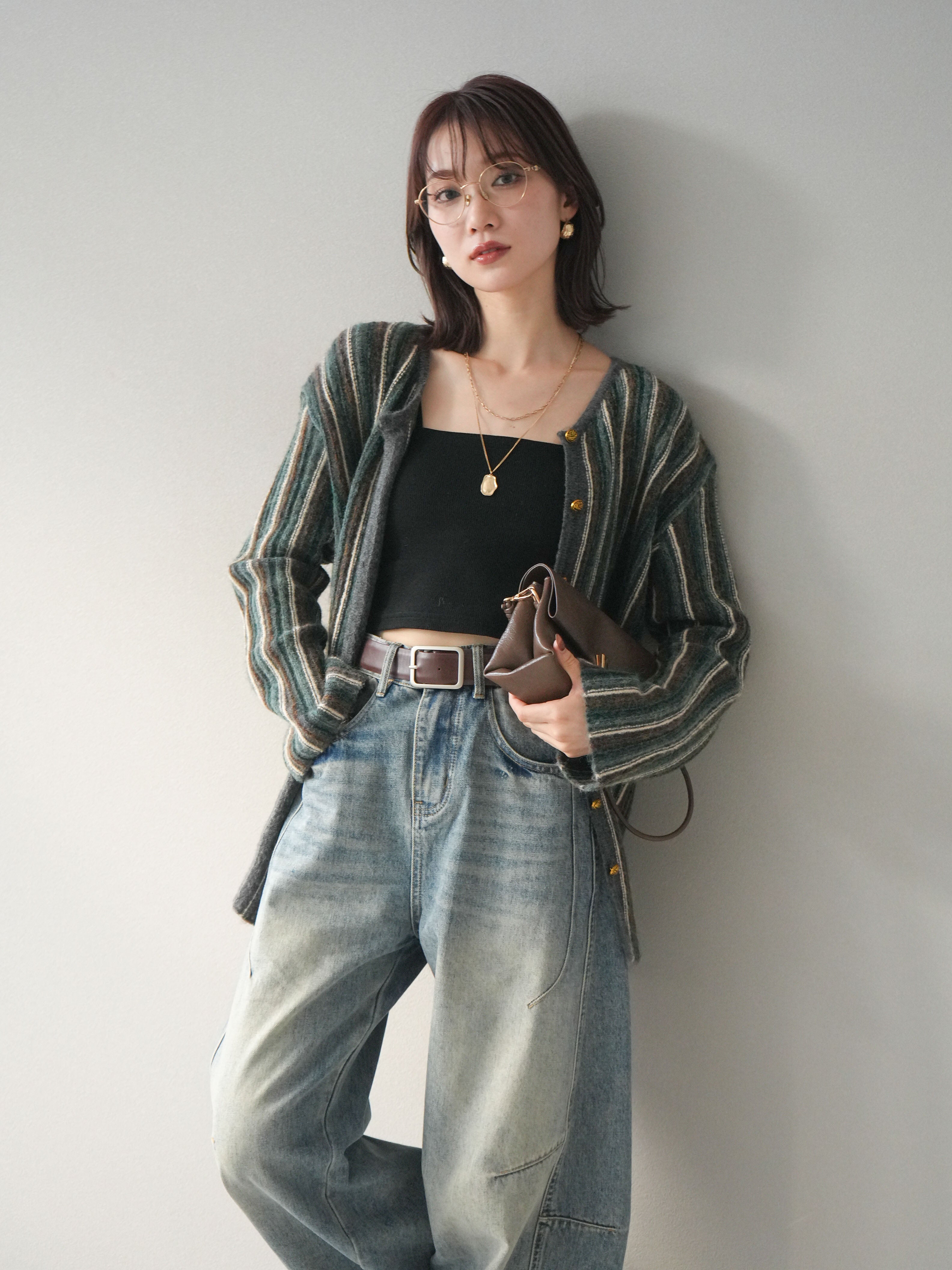 専用 70sカーディガン、レザー、デニム SET]ランダムボーダーニットカーディガン+デザインステッチカーブ