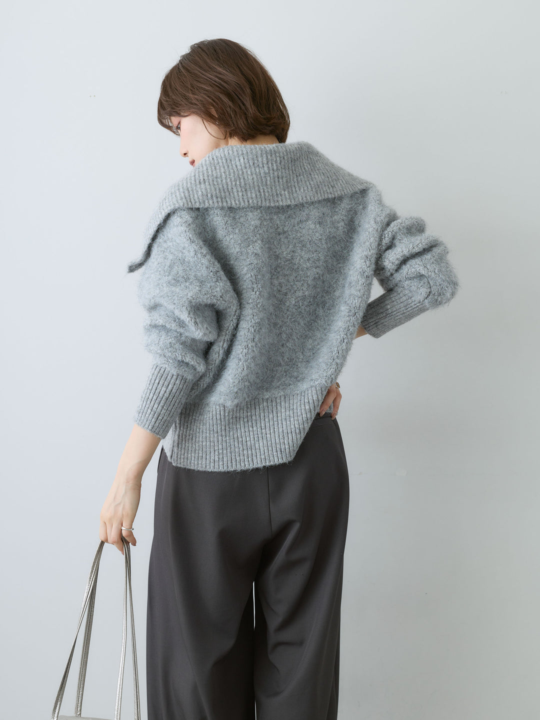 [SET]ビッグカラーシャギーニットブルゾン+ツイルタックワイドパンツ(2set)