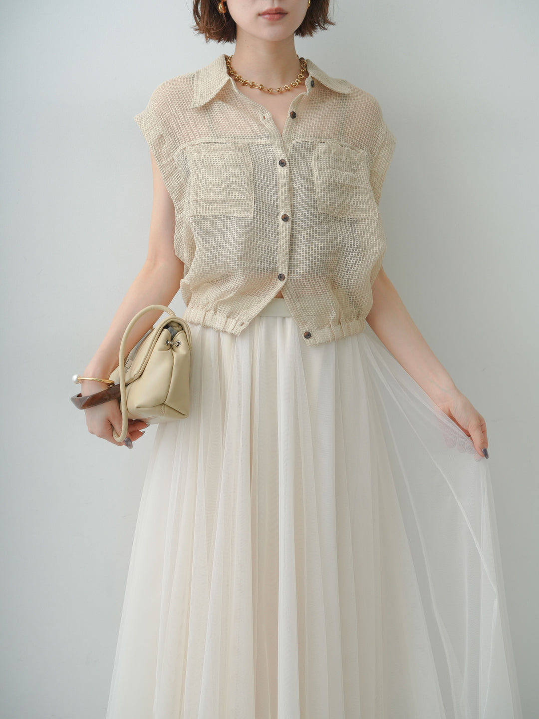 [予約]ラッセルメッシュフレンチシャツ/beige
