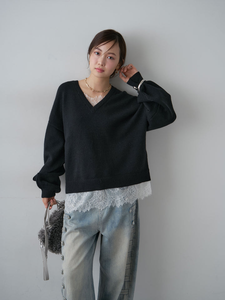 [予約]アルパカタッチレースドッキングVネックニットトップス/black