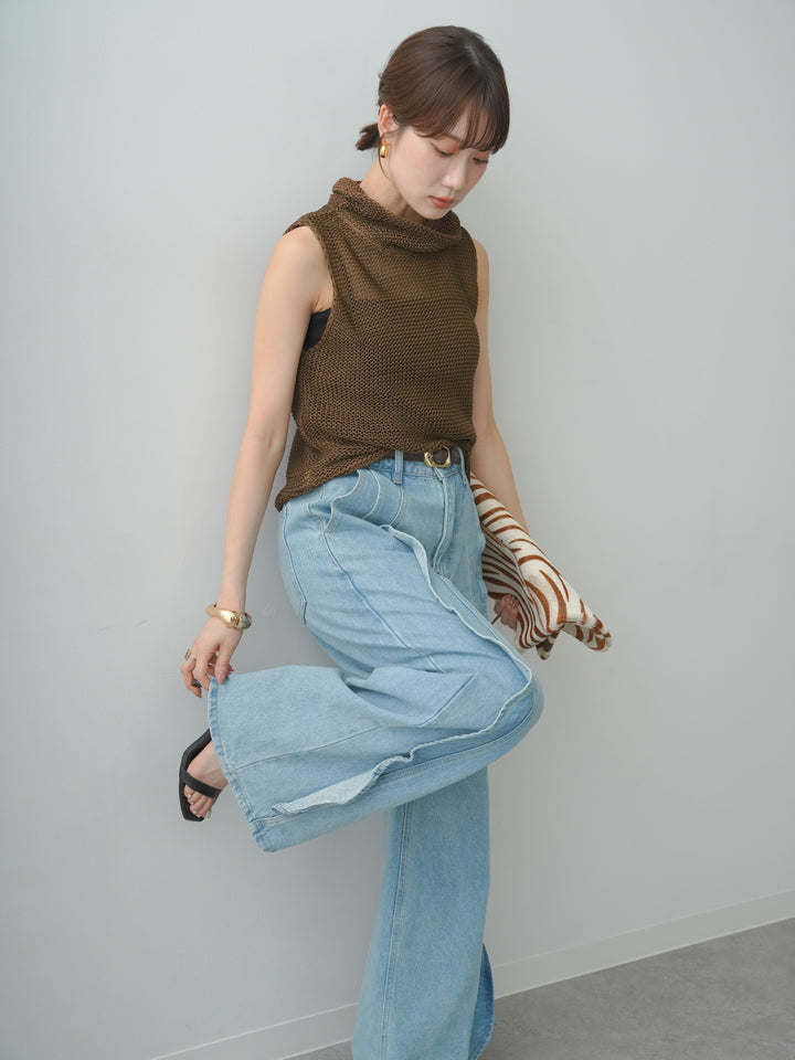 [予約]ドライタッチオフタートルメッシュニットトップス/brown