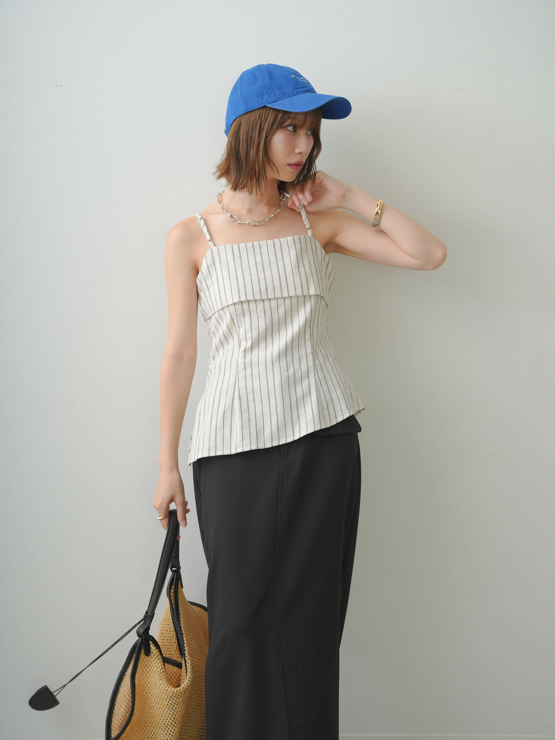 [SET]ストライプアシメキャミソール+クレープデシンフラップ付きストレートスカート(2set)