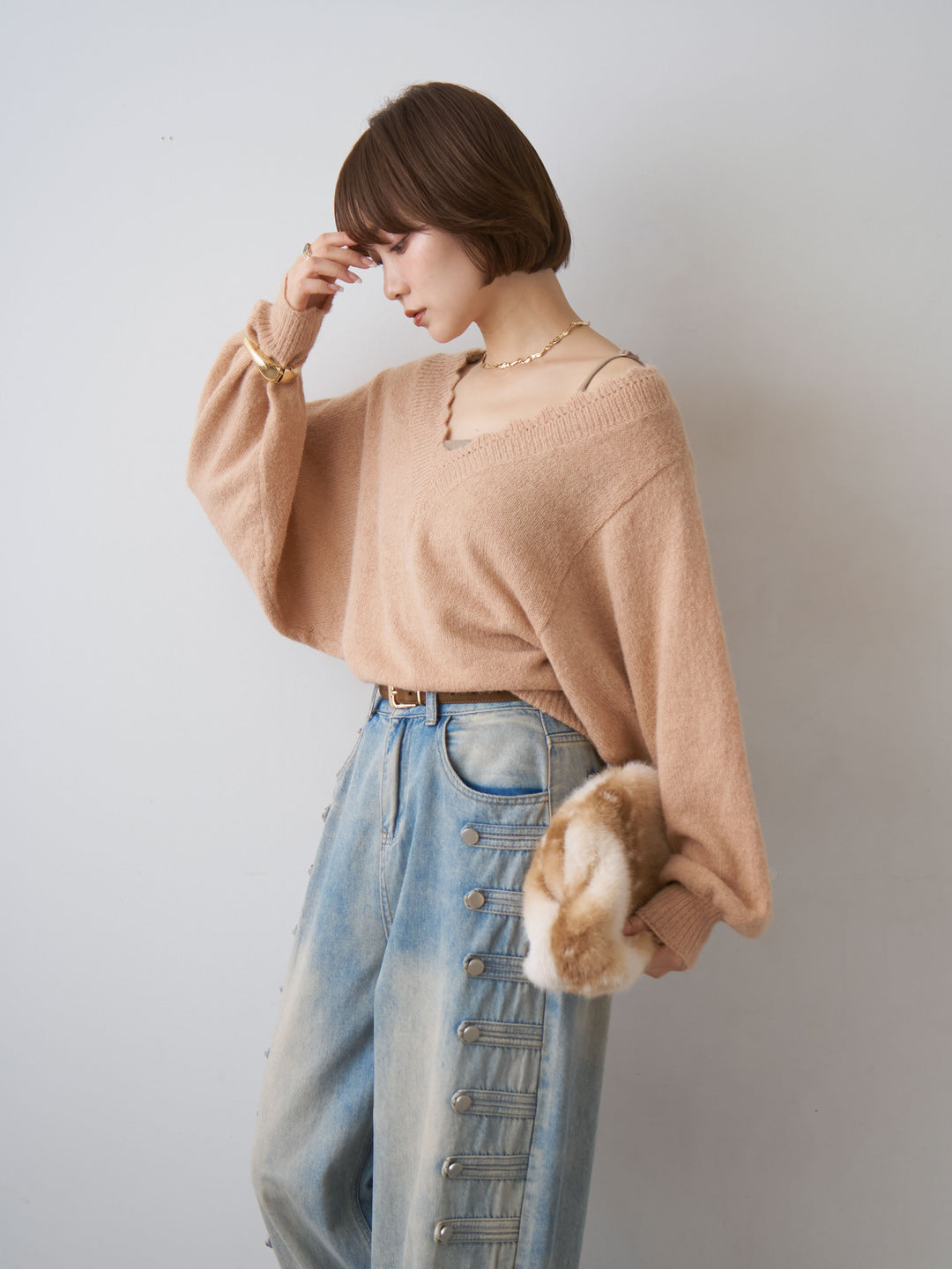 [予約]スカラップVネックドルマンニットトップス/pink