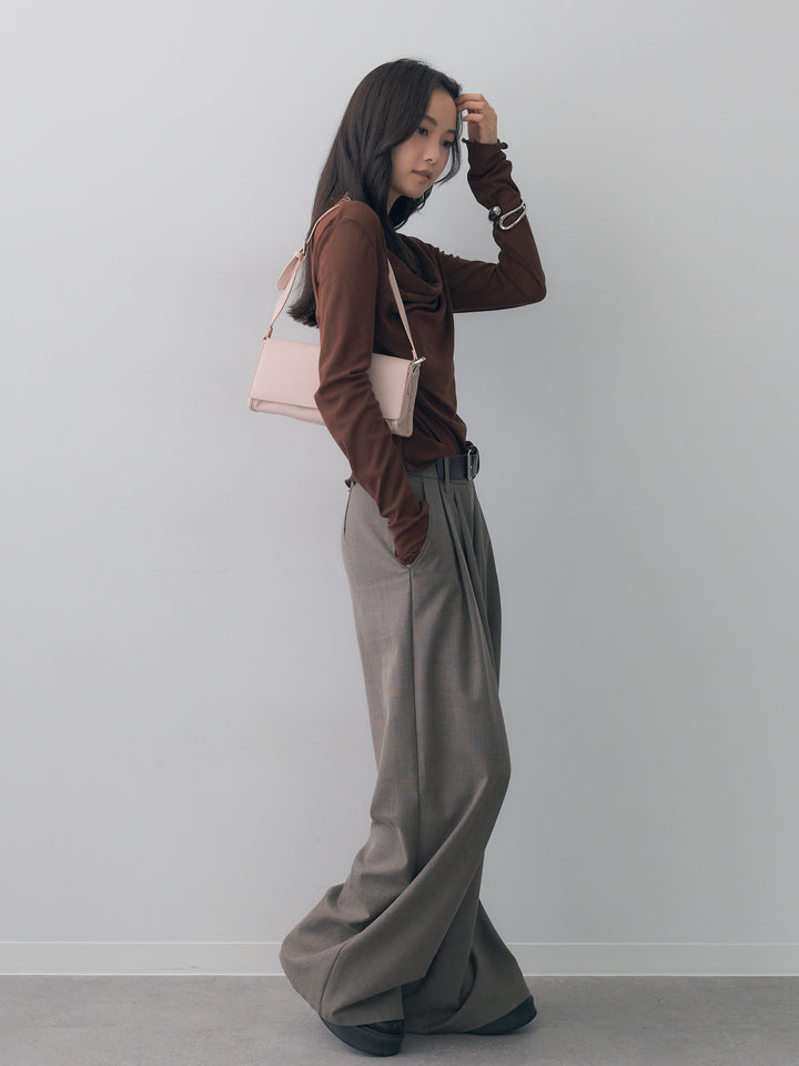 [SET]レースレイヤードデザインドレープシアートップス+ベルトデザインツータックドレープワイドパンツ(2set)