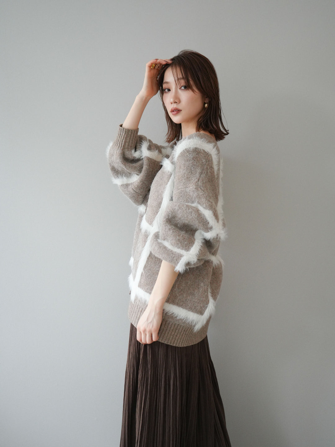 [予約]ミックスシャギーチェックカーディガン/beige