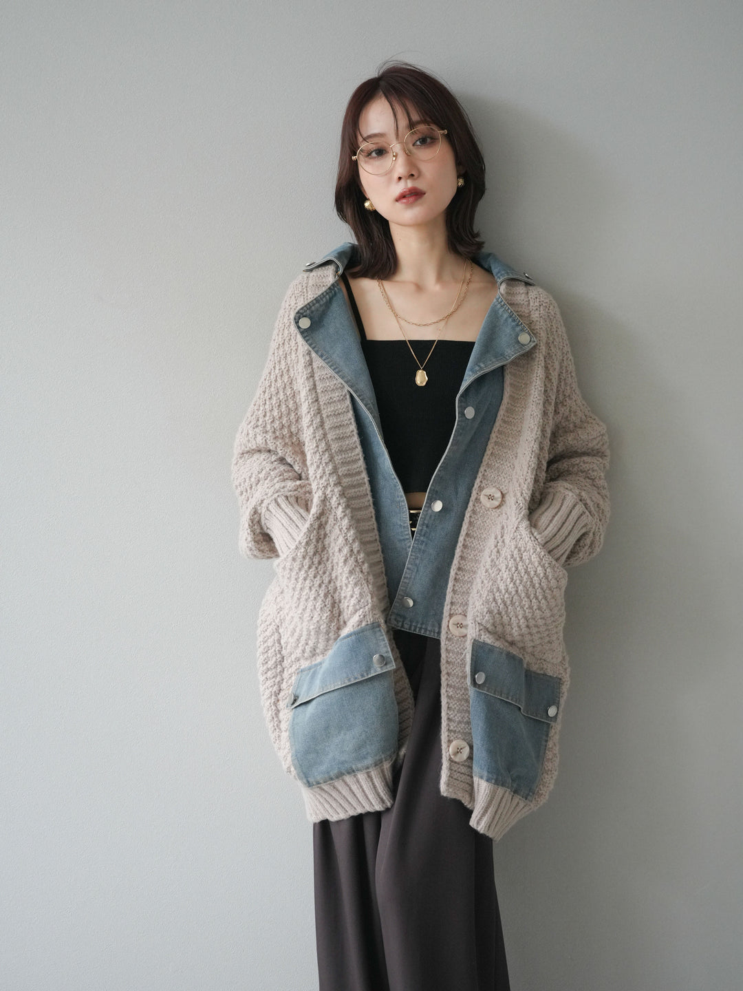 [予約]デニム襟レイヤードニットジャケット/greige