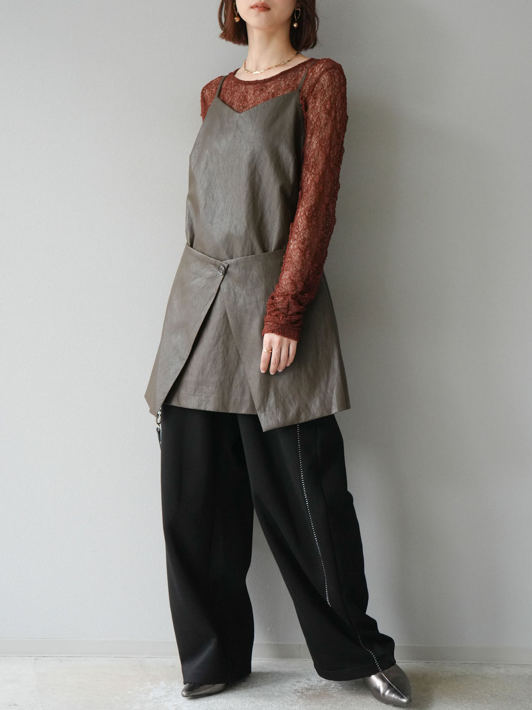 [予約]レイヤードレザーキャミソールチュニック/ブラウン